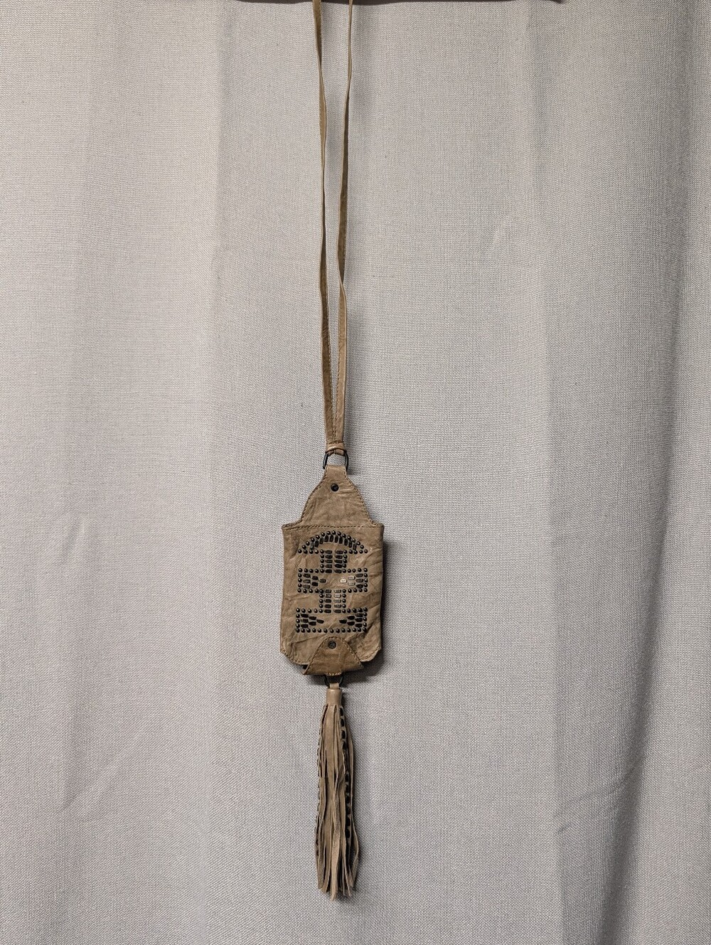 Calleen Cordero Leather Tassel Boho Crossbody Cell Phone + Card Holder - Taupe